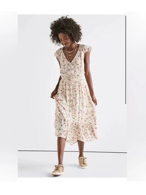 Lucky Brand Cream Romantic Floral Print High-Low Midi Dress Size Medium